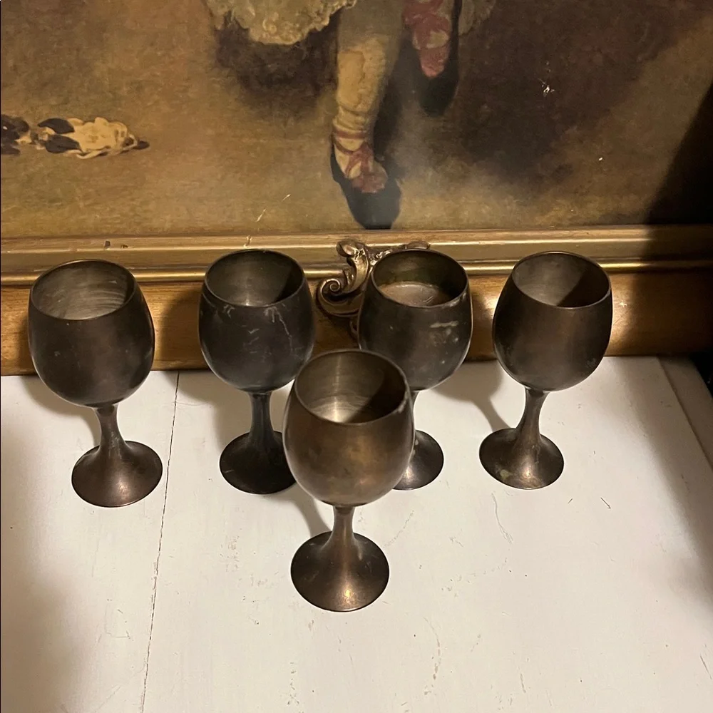 MCM BRASS Wine Goblets Set of (5) Miniature Vintage Rare Patina’d SOLID